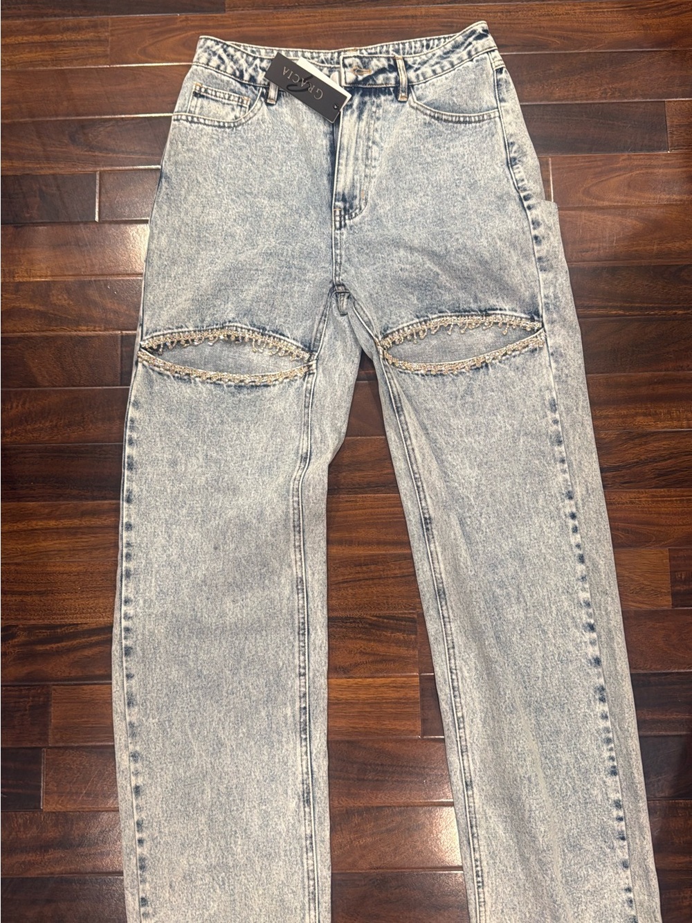 Gracia denim pants with crystal cut out outfits  small